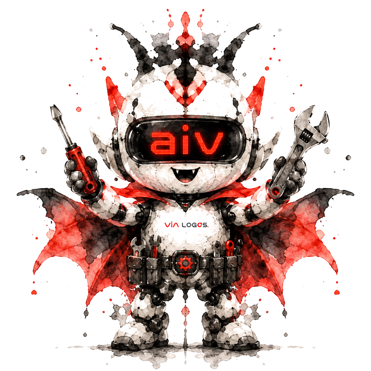 AI Vampire robot character holding engineering tools
